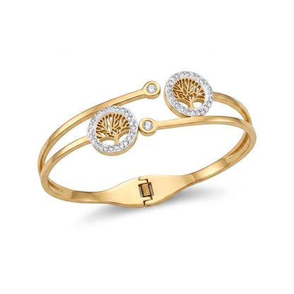 AVIRI gold-tone hinged bangle bracelet featuring two circular Tree of Life motifs accented with clear crystals.