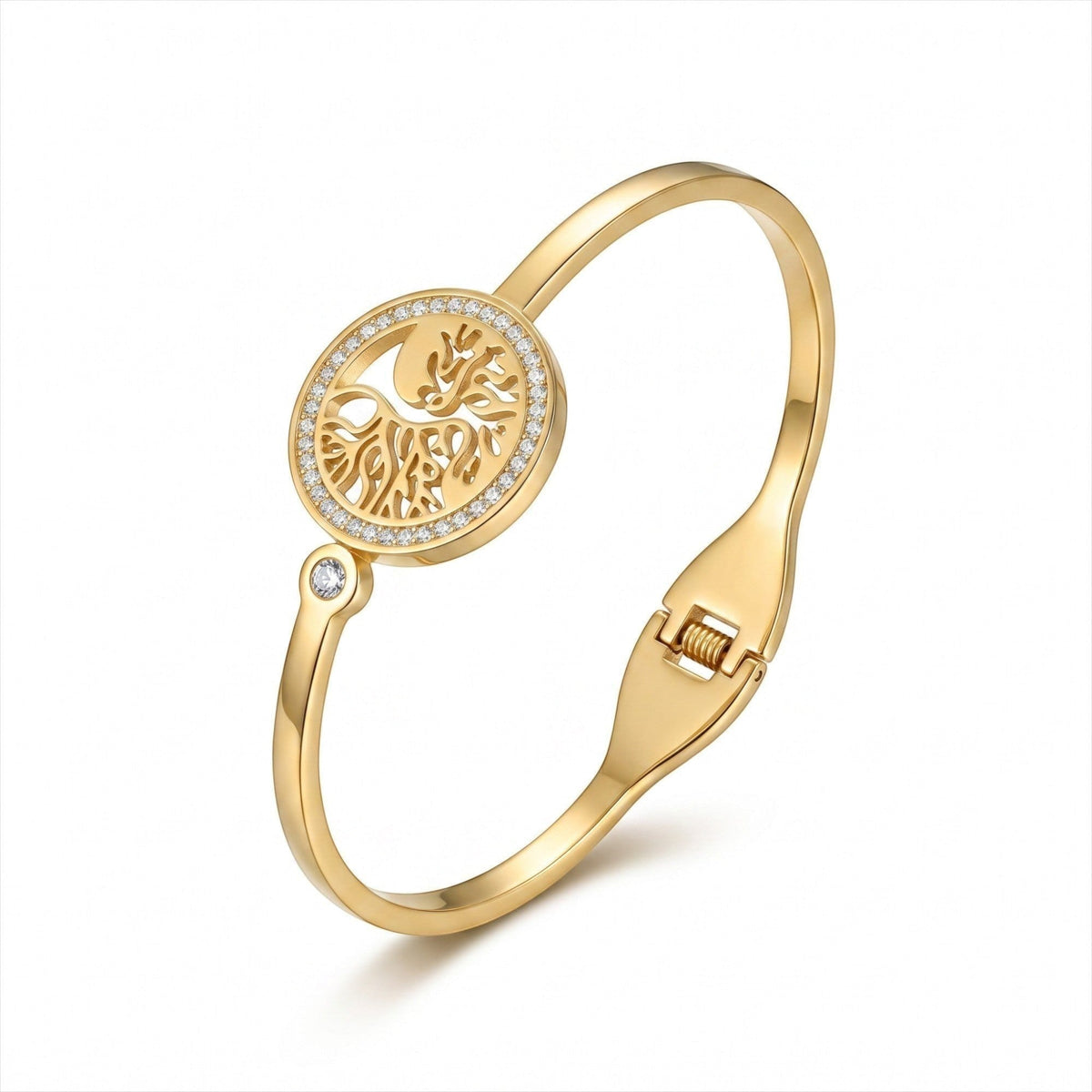 AVIRI gold-tone hinged bangle bracelet featuring a circular Tree of Life cutout design with cubic zirconia accents.
