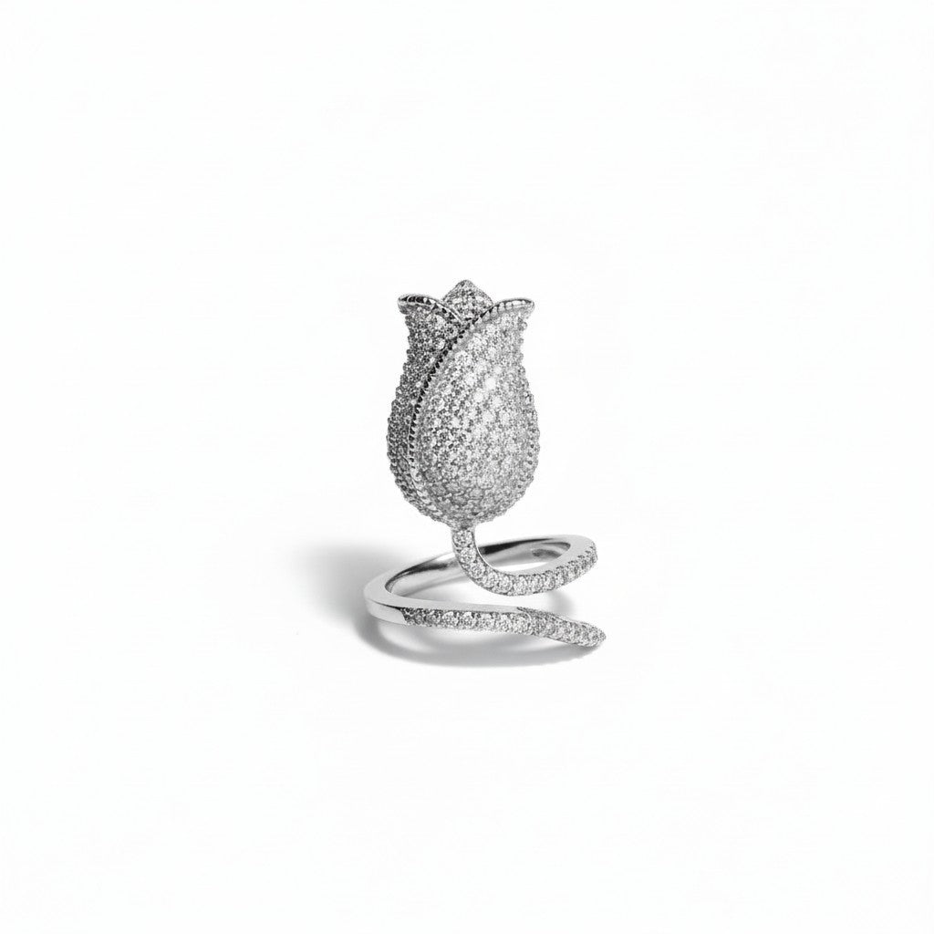 AVIRI gold-tone metal tulip ring with pave cubic zirconia and adjustable band.