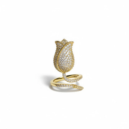 AVIRI gold-tone tulip ring with pave cubic zirconia and adjustable band. Floral statement jewelry.