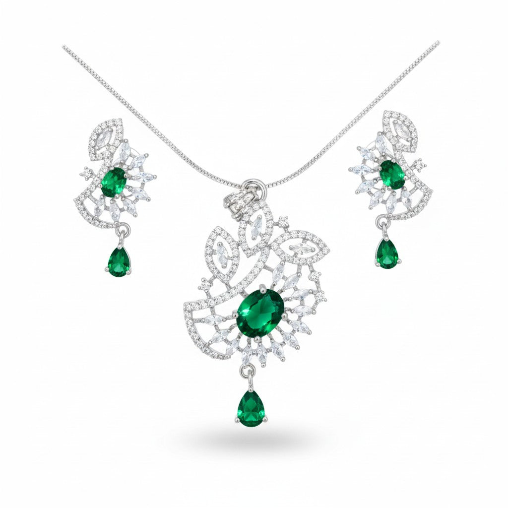 AVIRI elegant silver polish AD necklace set with green stones and matching earrings.
