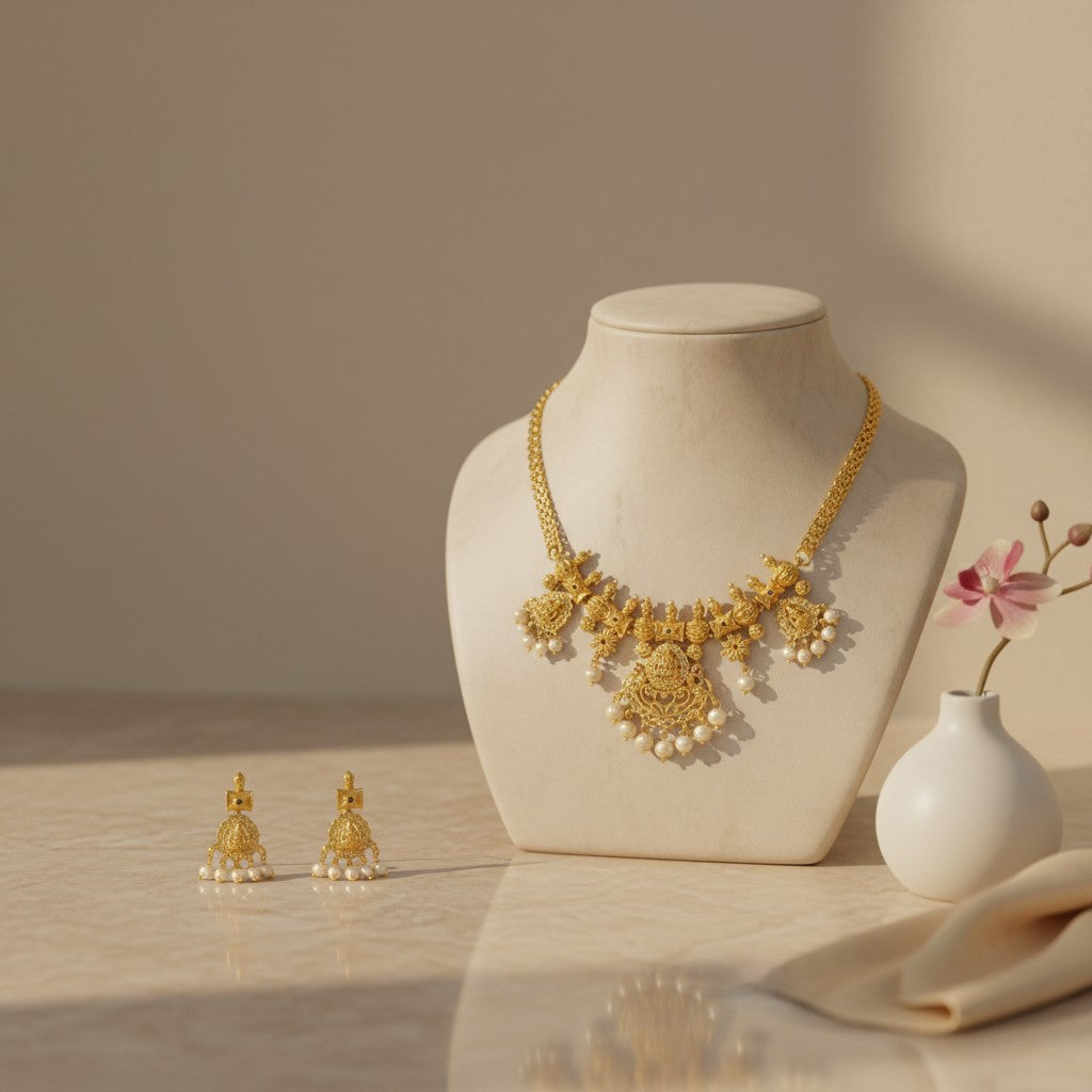 AVIRI traditional Indian gold necklace and earring set with pearl drops and intricate motifs. Gold-plated.