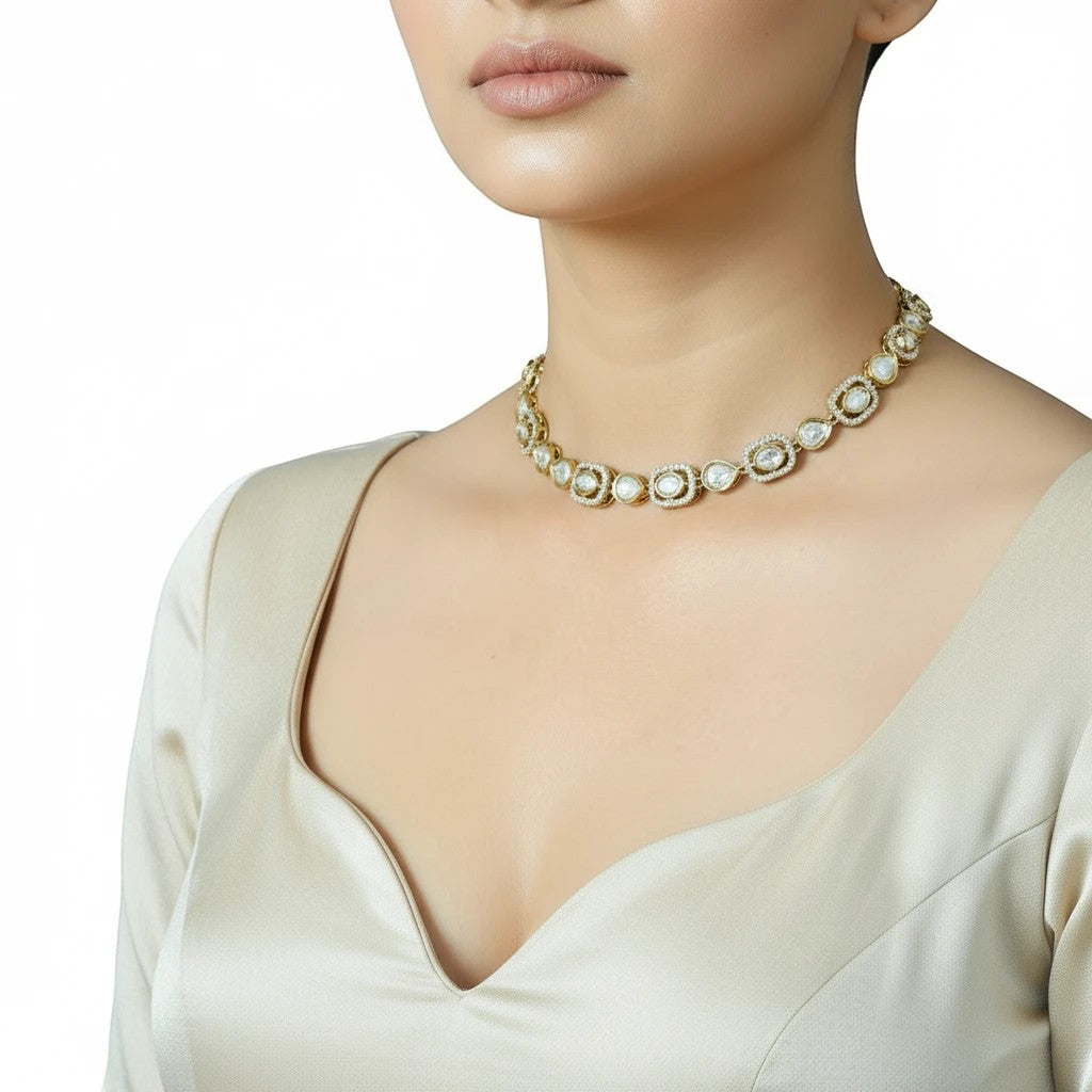 AVIRI Kundan choker necklace with micro AD stones and pearl accents, set in antique gold tone metal. Adjustable.