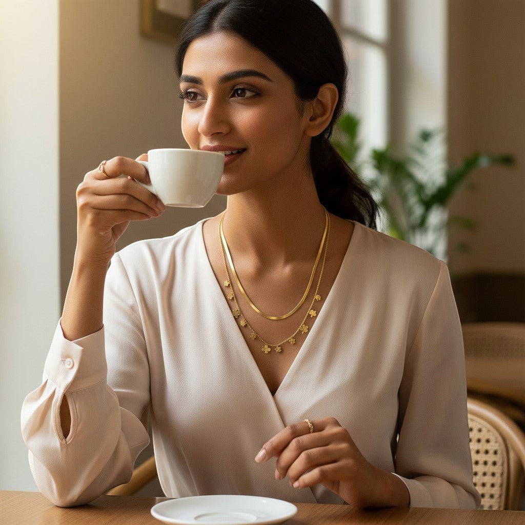 AVIRI gold-tone layered necklace with herringbone chain and clover charms. Model wears it with a cream blouse.
