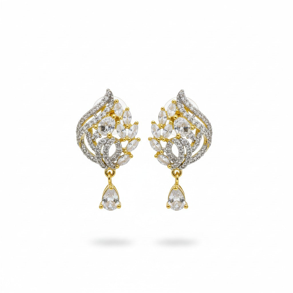AVIRI gold leaf-shaped drop earrings with clear cubic zirconia and pear-shaped gemstone dangle.