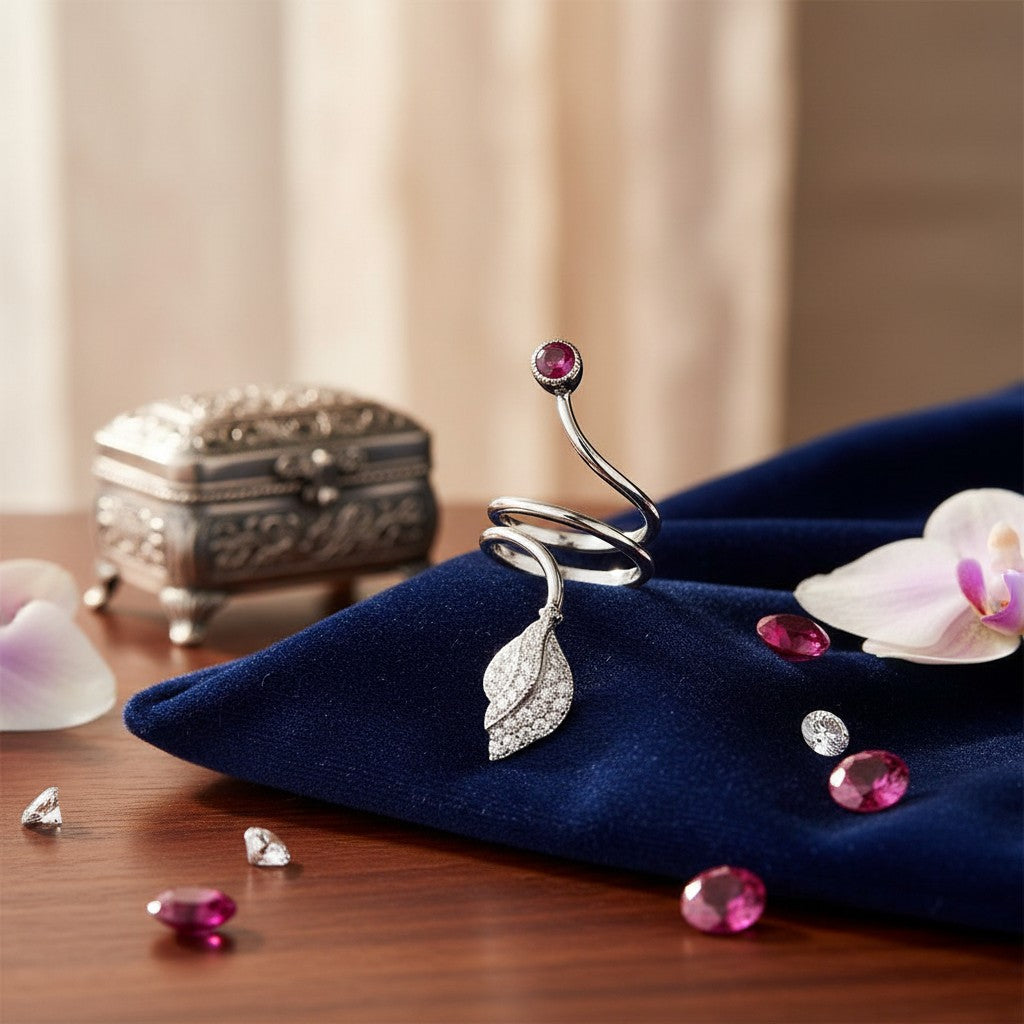 AVIRI sterling silver bypass ring with leaf motif, cubic zirconia, and a ruby gemstone. Contemporary statement jewelry.