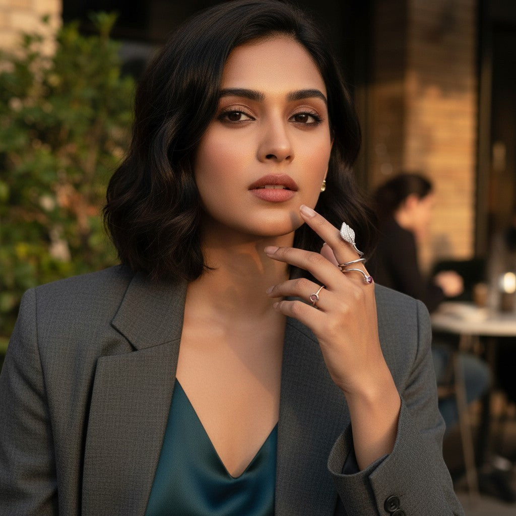 AVIRI sterling silver bypass ring with leaf motif, cubic zirconia, and a round ruby gemstone.