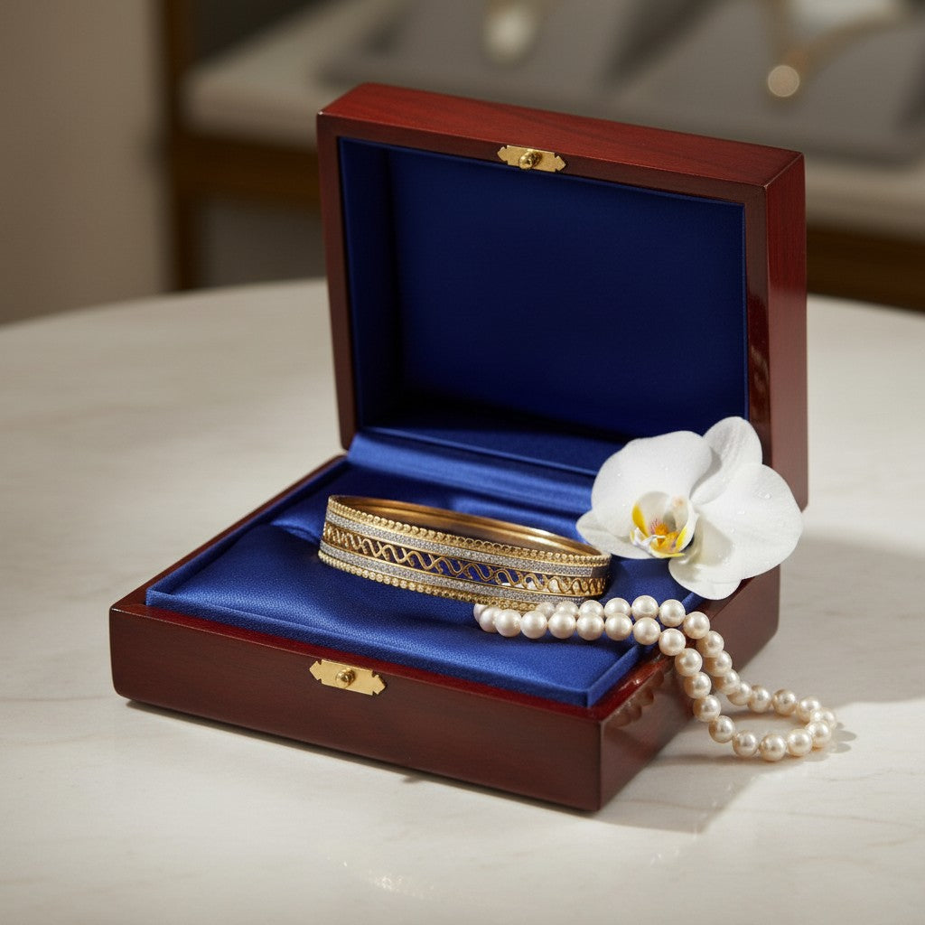AVIRI gold-plated ornate bangles with cubic zirconia and intricate swirling patterns, beaded edges.