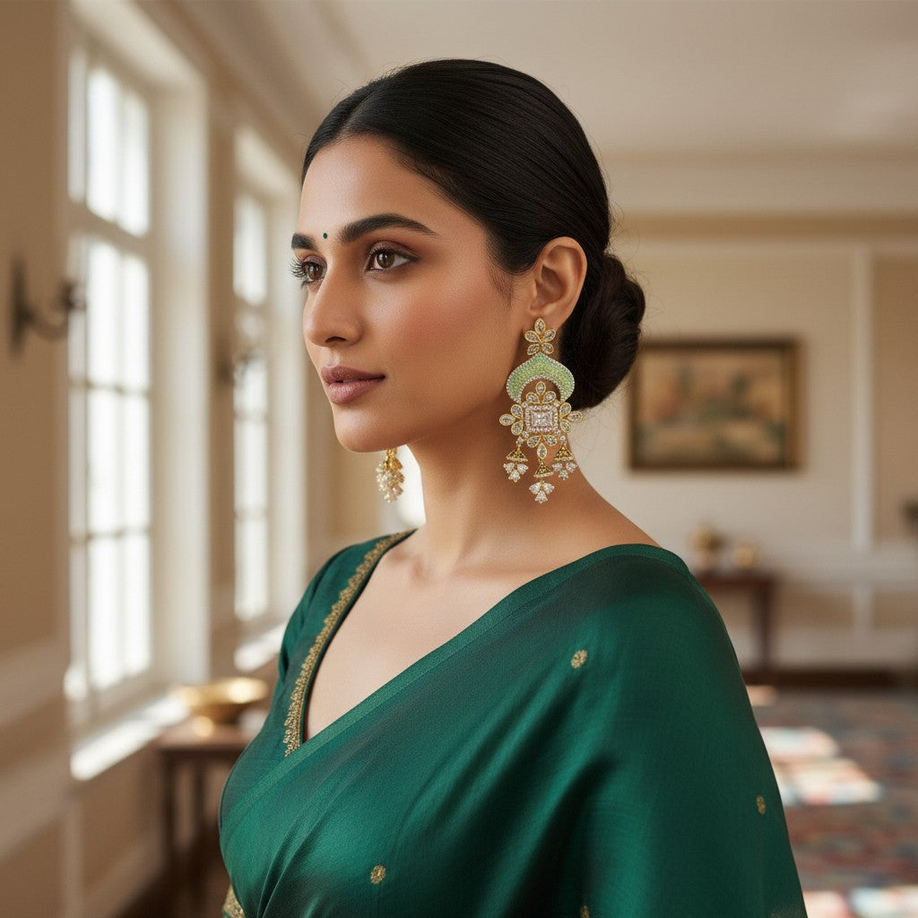 AVIRI ornate gold-tone chandelier earrings with green enamel, cubic zirconia, and floral motifs.