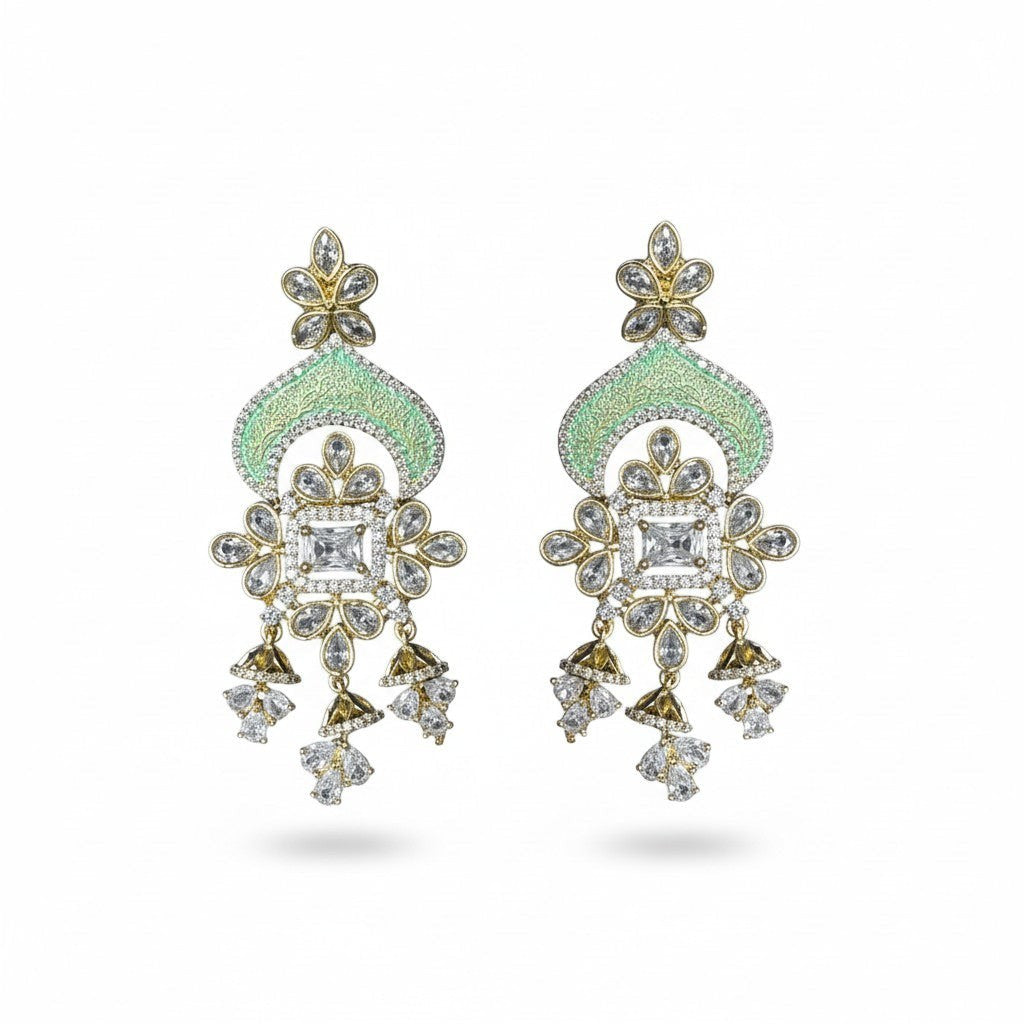 AVIRI ornate gold-tone chandelier earrings with green enamel and cubic zirconia stones.