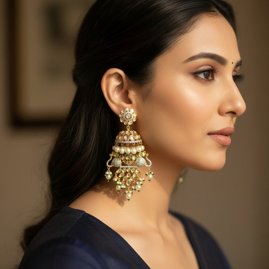 AVIRI ornate gold-plated jhumka earrings with peacock motifs, white stones, pearls, and green beads.