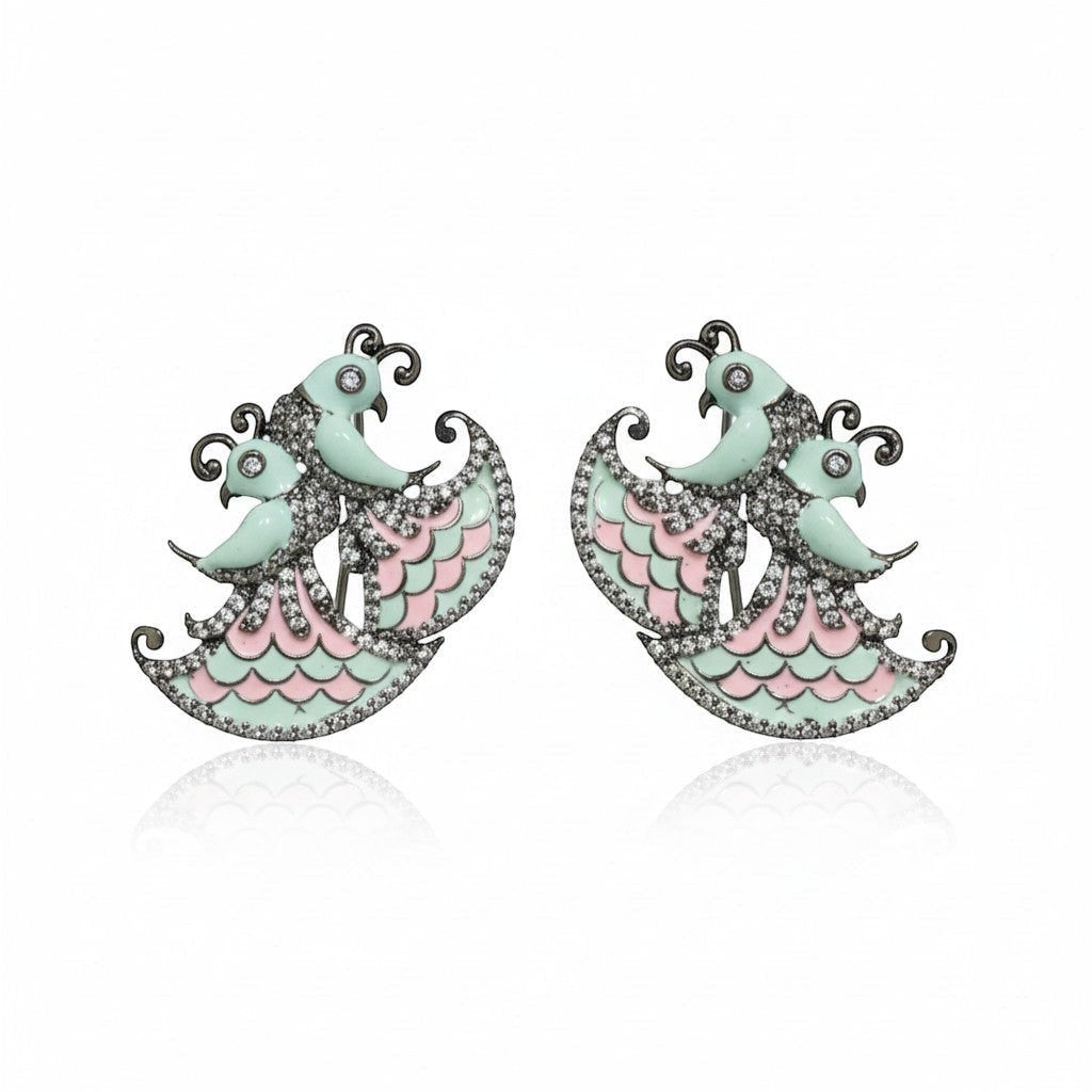 AVIRI peacock design earrings with pastel pink and mint green enamel, sparkling AD stones, and silver black polish.