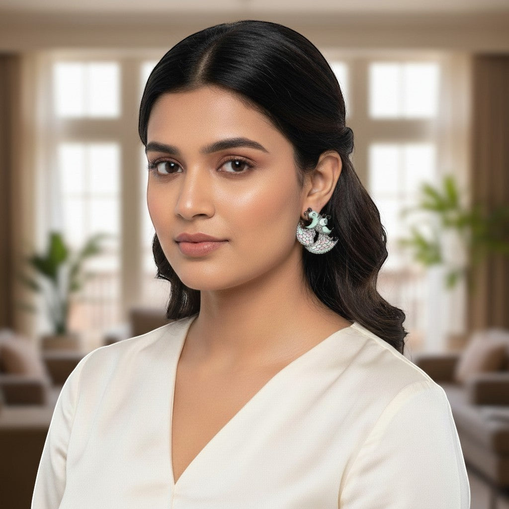 AVIRI silver black polish peacock AD earrings with intricate detailing and pastel accents.