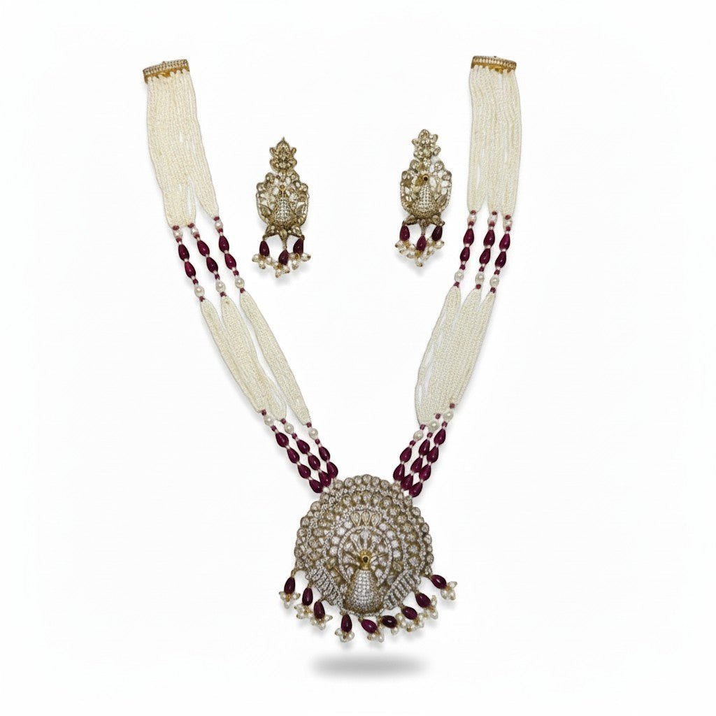 AVIRI peacock design AD necklace set with multi-layer pearl beads and maroon accents, includes matching earrings.