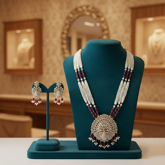 AVIRI gold-tone peacock AD necklace set with multi-layer pearl beads and maroon accents, includes matching earrings.