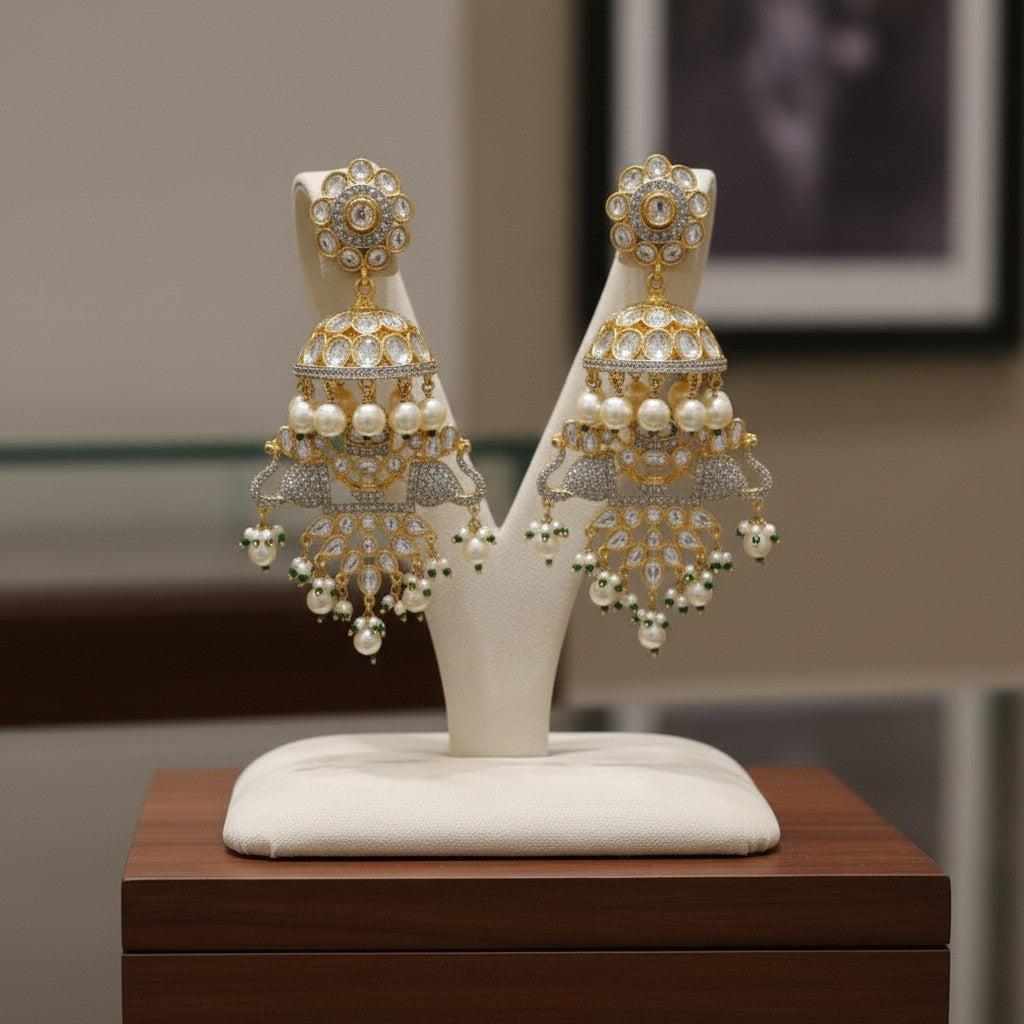 AVIRI gold-plated jhumka earrings with peacock motifs, white stones, pearls, and green beads.