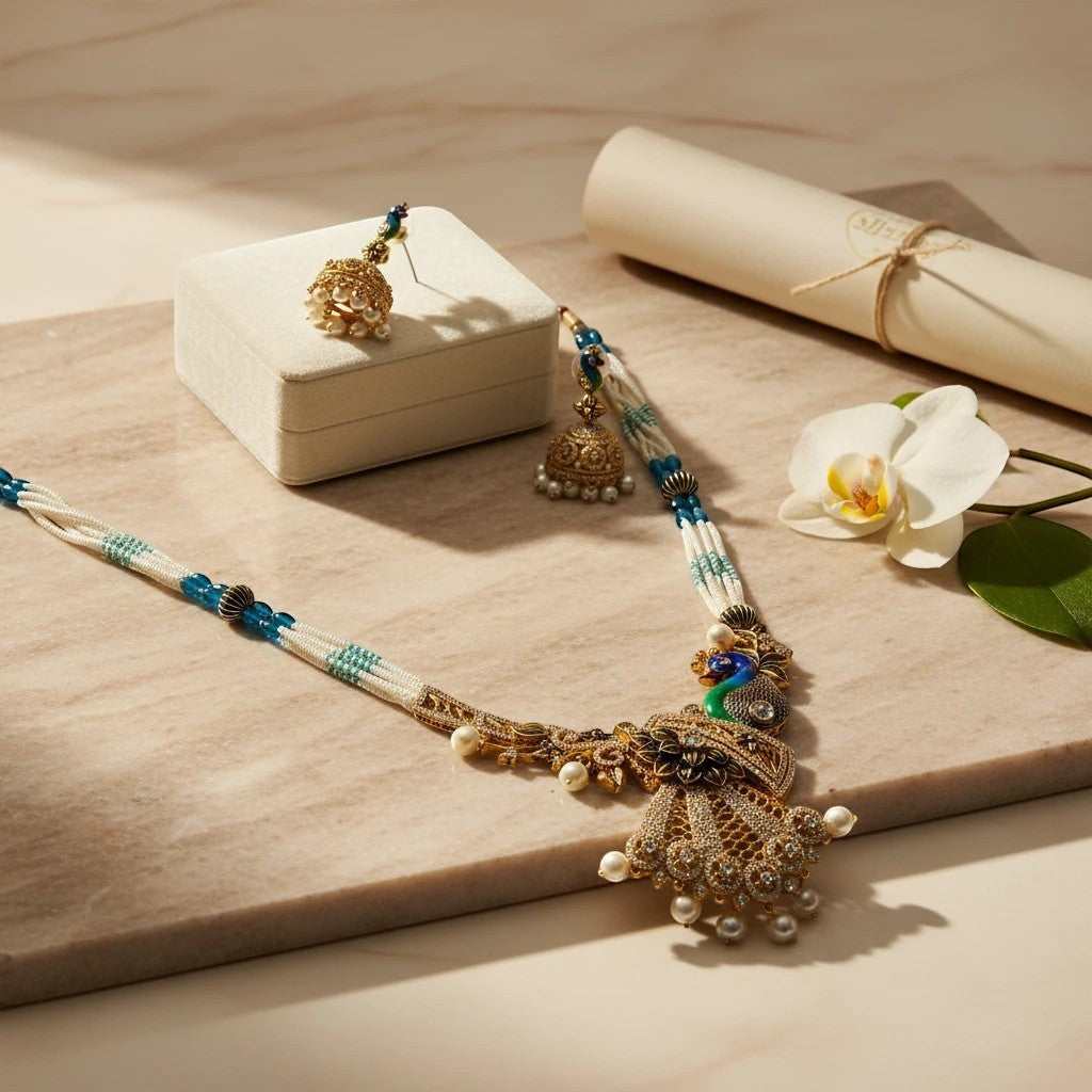 AVIRI peacock-inspired necklace and earring set with white and blue beads, pearls, and shimmering stones.