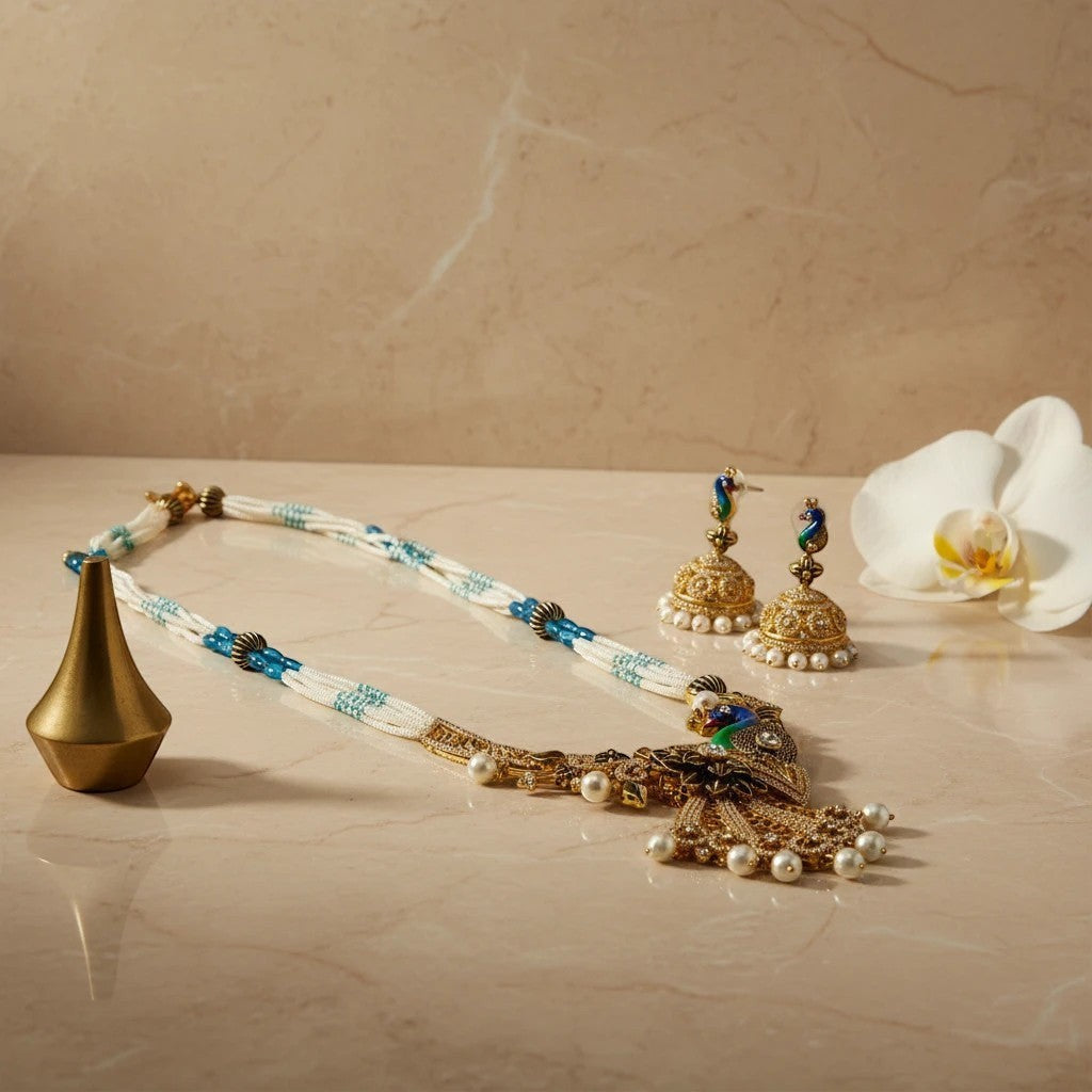 AVIRI peacock-inspired necklace and earrings set with white and blue beads, pearls, and shimmering stones.
