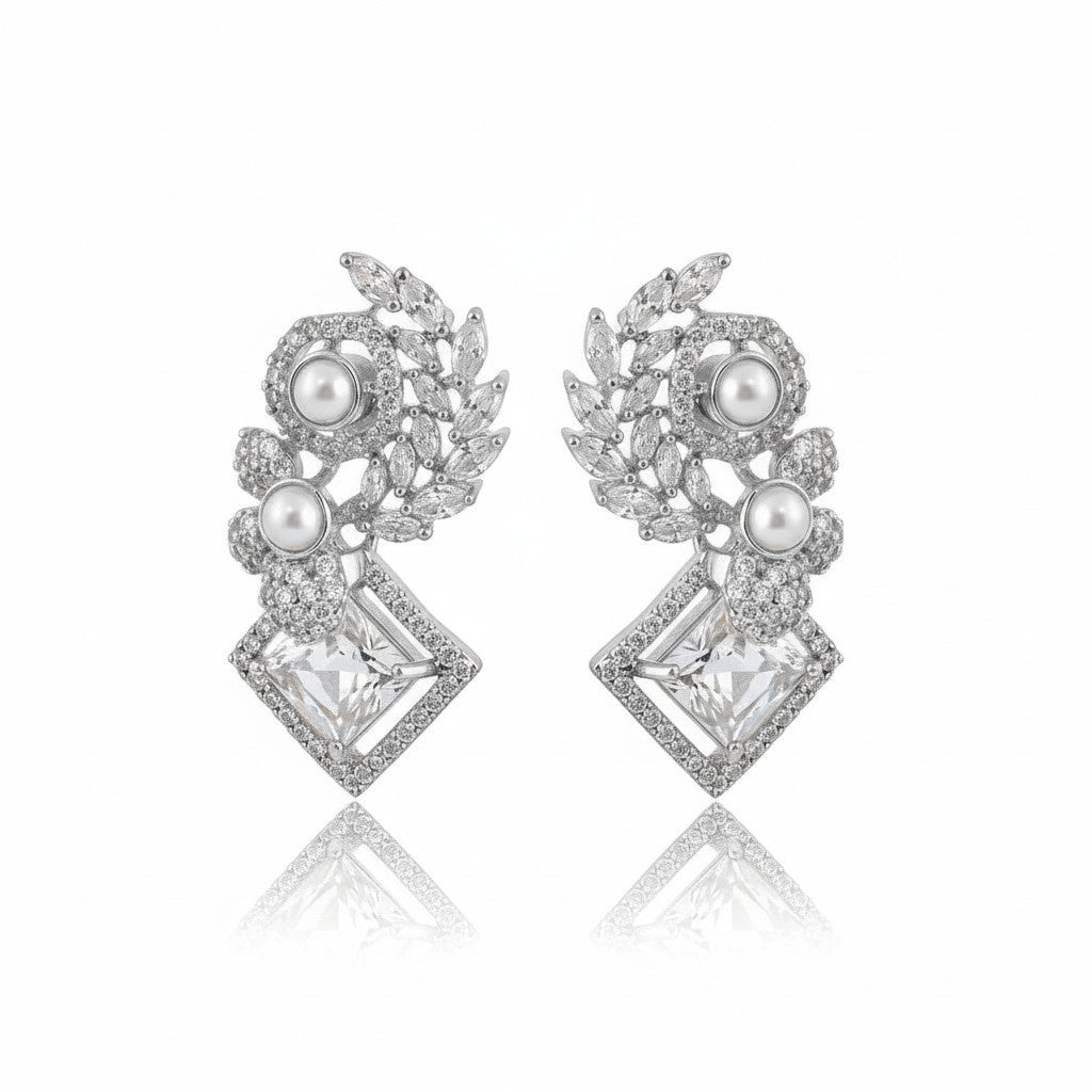 AVIRI elegant drop earrings with pearls, cubic zirconia, and leaf motifs. Gold-tone sterling silver.