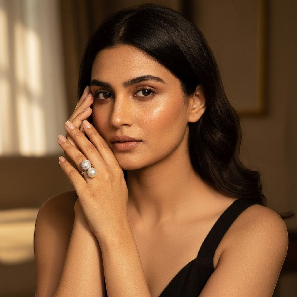 AVIRI gold ring featuring a luminous pearl and a diamond-encrusted sphere on a bypass band.