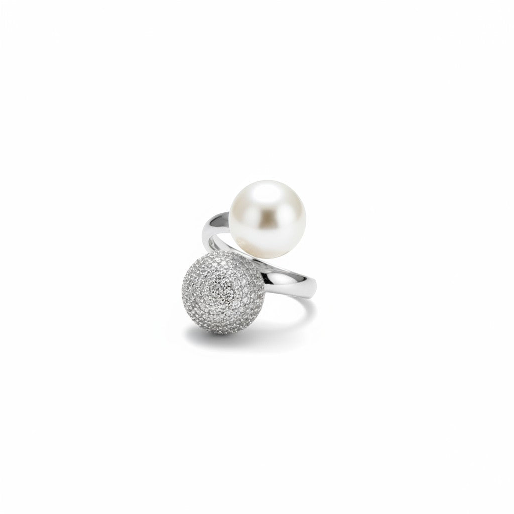 AVIRI silver statement ring with a pearl and a pave diamond sphere. Modern design.