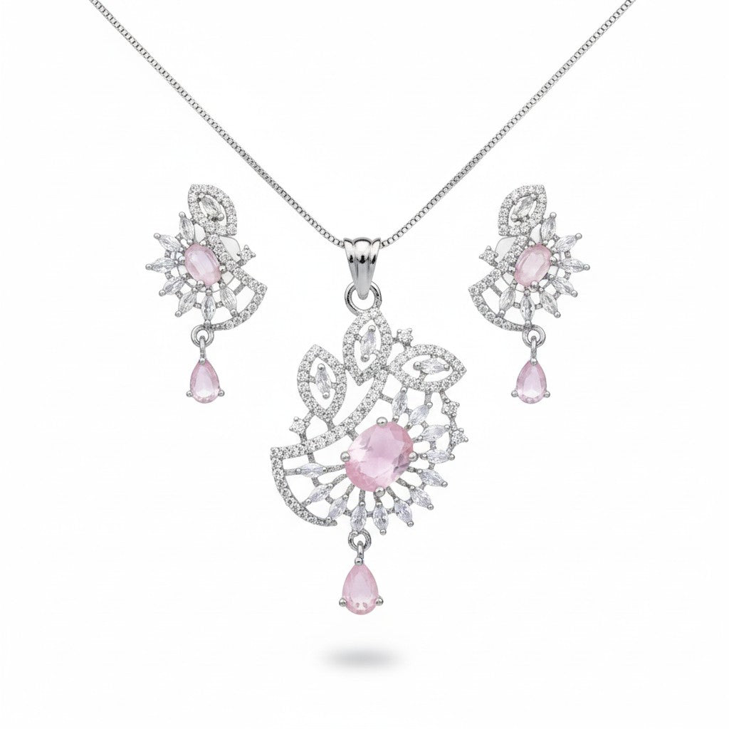 AVIRI silver polish AD necklace set with pink stones and matching earrings. Features sparkling American Diamonds and teardrop pendants.