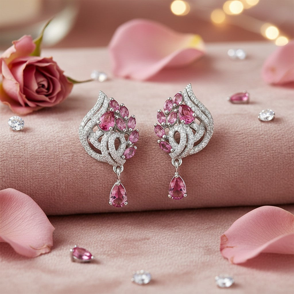 AVIRI pink leaf-shaped drop earrings with cubic zirconia and pear-shaped gemstone.