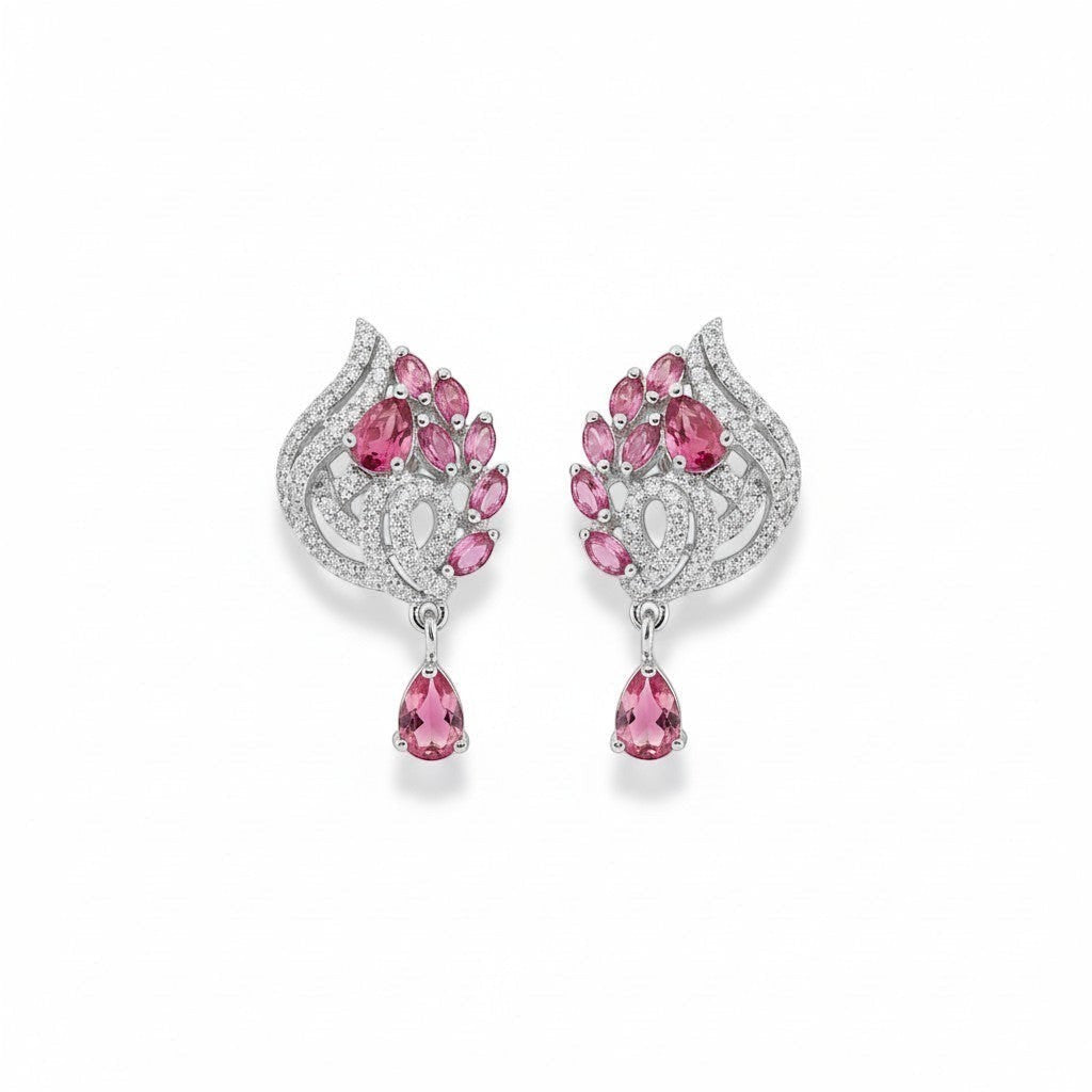 AVIRI pink leaf-shaped drop earrings with cubic zirconia and pear-shaped gemstone.
