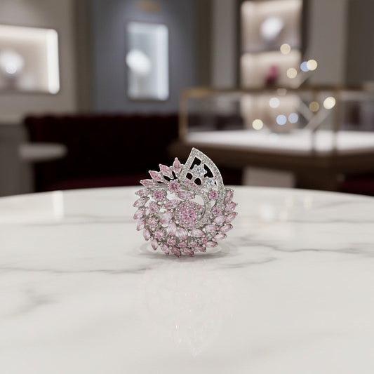 AVIRI pink cubic zirconia sterling silver swirling leaf statement cocktail ring.
