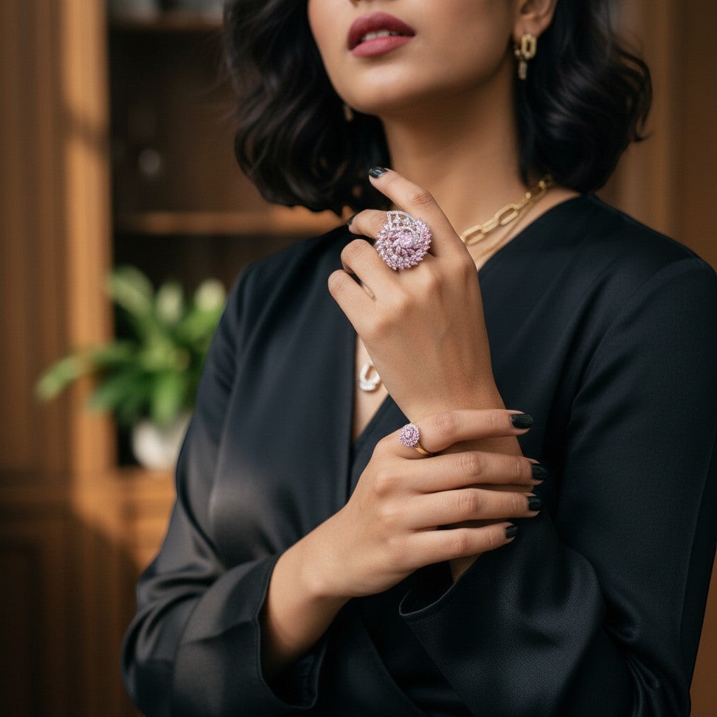 AVIRI pink cubic zirconia sterling silver swirling leaf cocktail ring. Dazzling spiral design with sparkling stones.