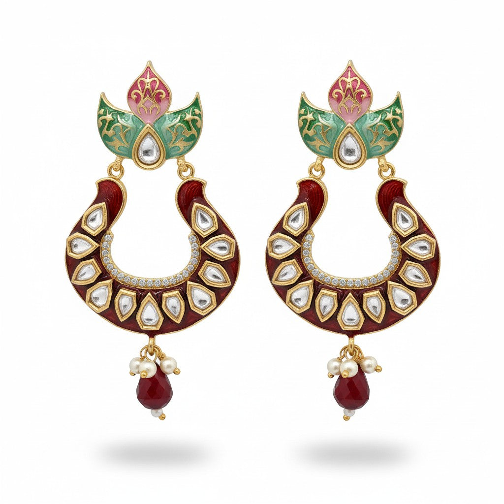 AVIRI red enamel Kundan Chandbali earrings with floral detailing, white stones, pearl and ruby drops.