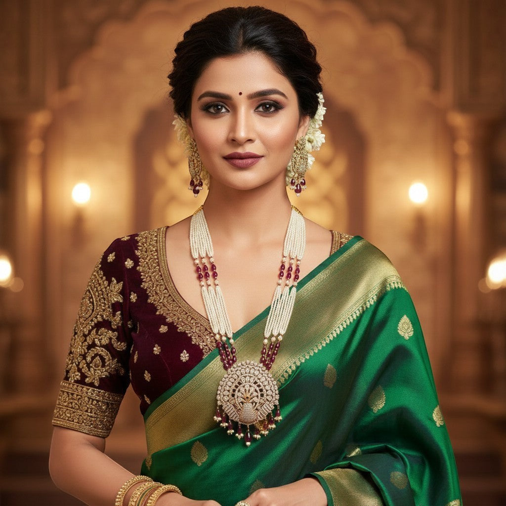 AVIRI Royal peacock AD necklace set with multi-layer beads and maroon accents, gold-tone finish.