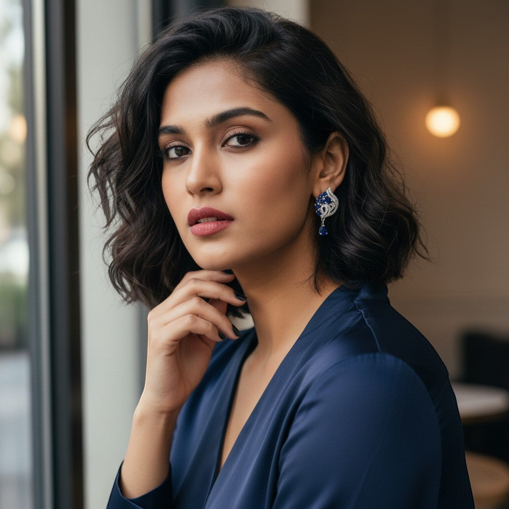 AVIRI sapphire blue leaf-shaped drop earrings with cubic zirconia and pear-shaped gemstone.