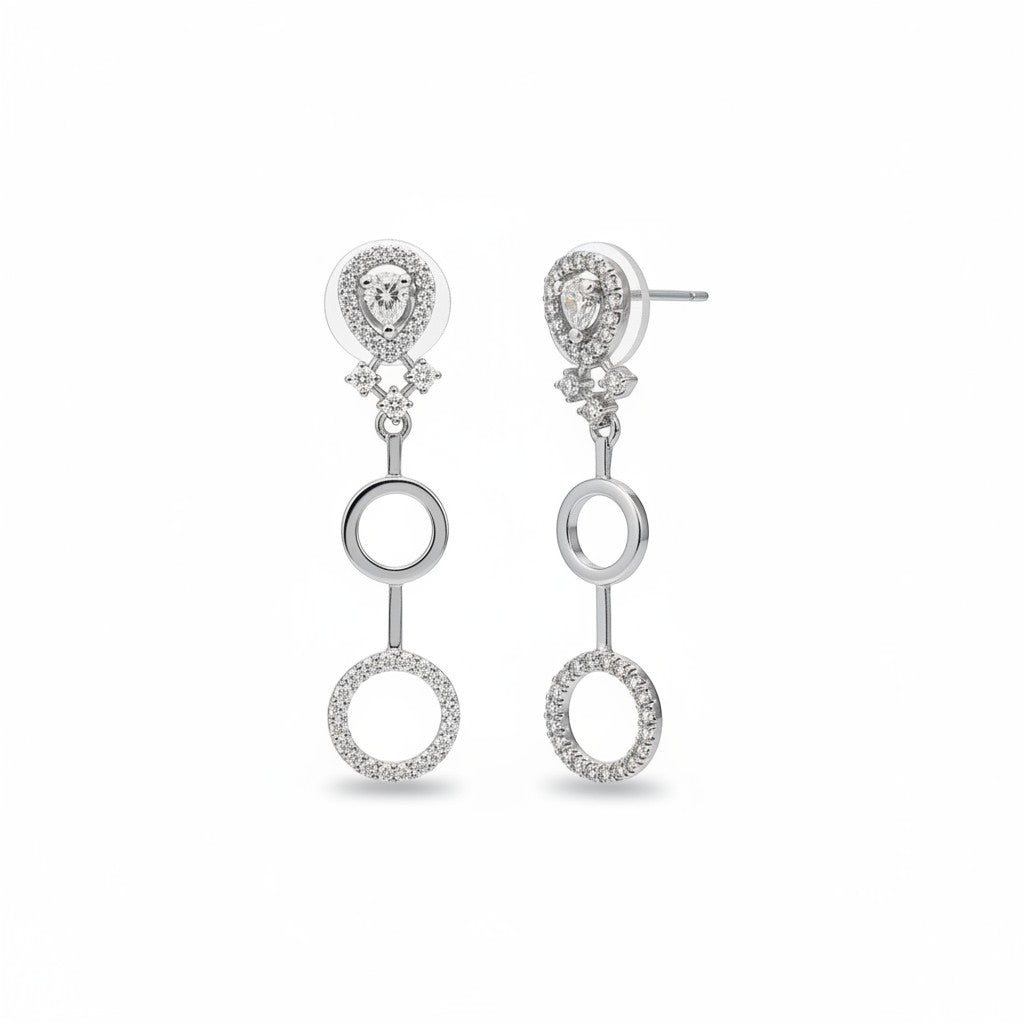AVIRI silver polish AD drop earrings with layered circles and pear-shaped stones.
