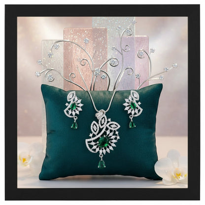 AVIRI elegant silver polish AD necklace set with green stones and matching earrings.