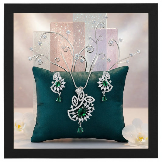 AVIRI elegant silver polish AD necklace set with green stones and matching earrings.