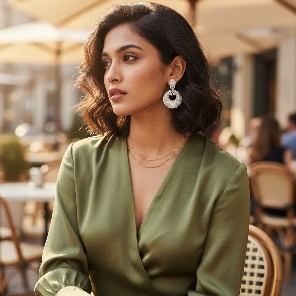 AVIRI silver polish dangle earrings with micro AD stones and circular drop design.