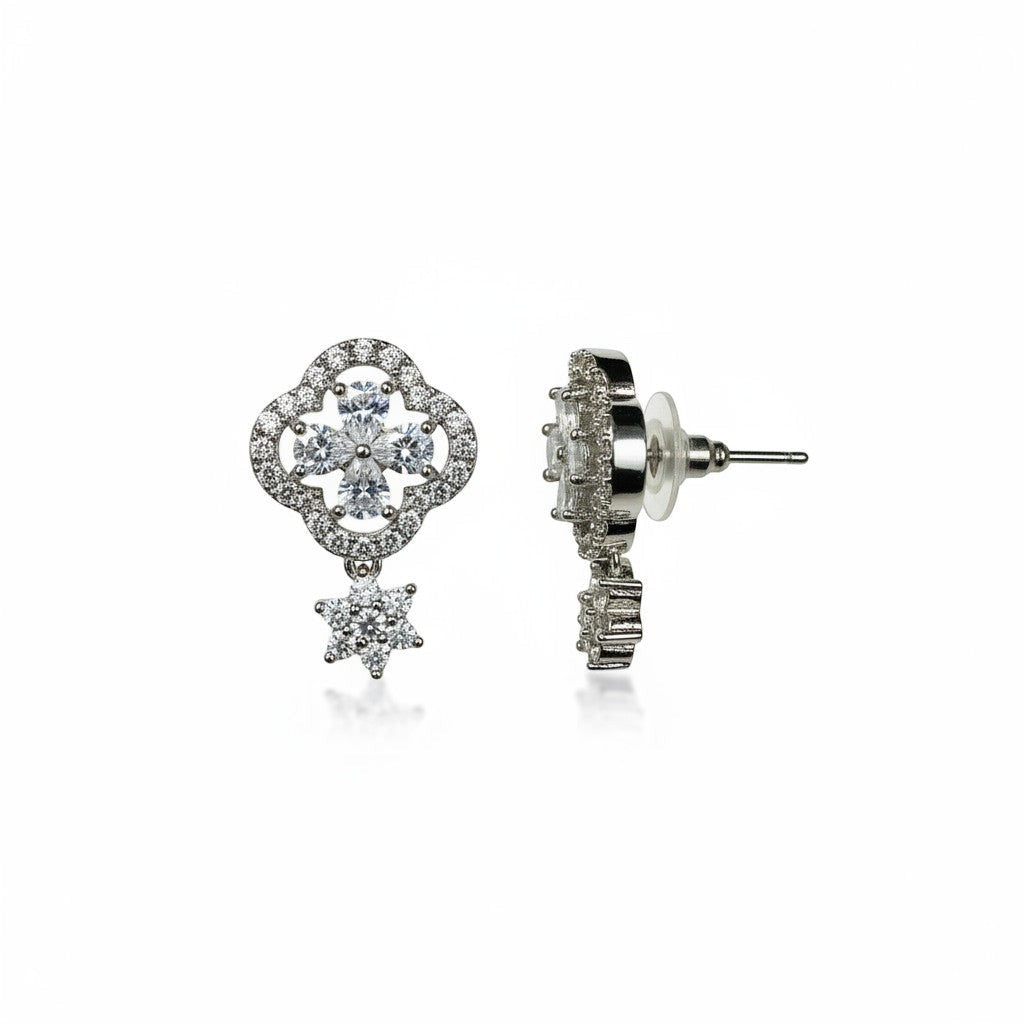 AVIRI silver-tone drop earrings with clover design and cubic zirconia stones. Elegant and sparkling.