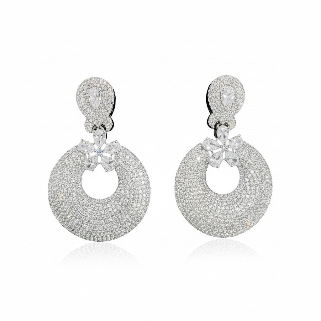 AVIRI silver polish dangle earrings with micro AD stones and circular drop design.