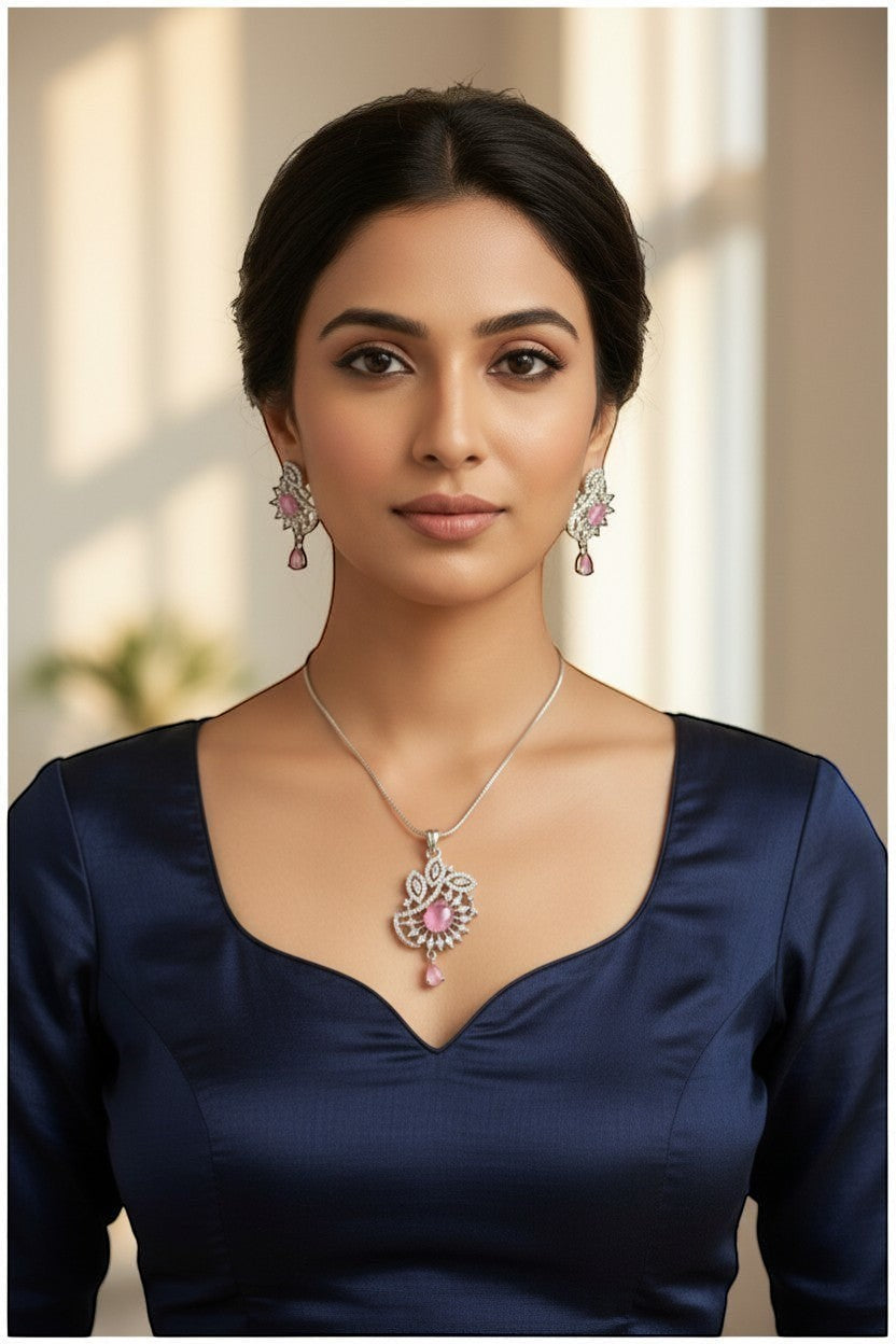 AVIRI silver polish AD necklace set with pink stones and matching earrings. Elegant artificial jewelry.