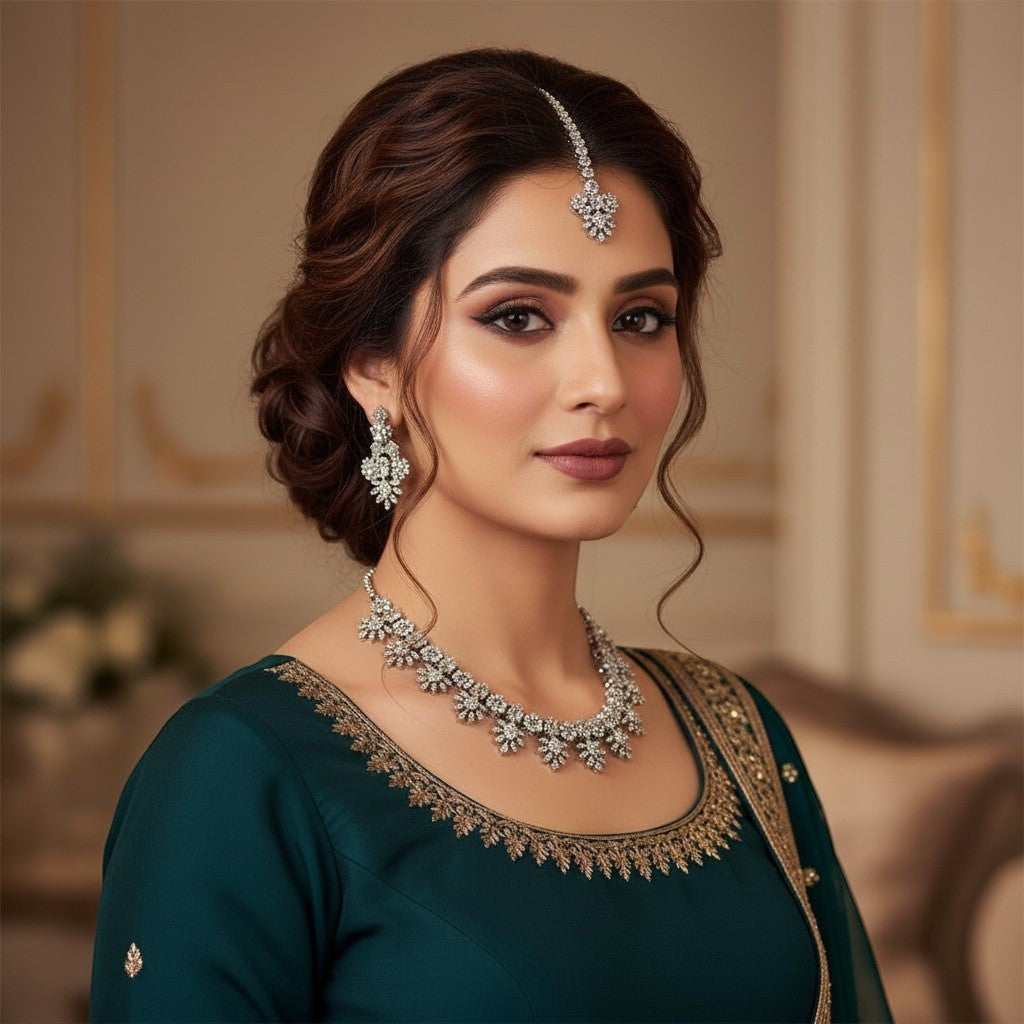 AVIRI sparkling floral necklace, earrings, and tikka set with cubic zirconia stones in silver-tone alloy.