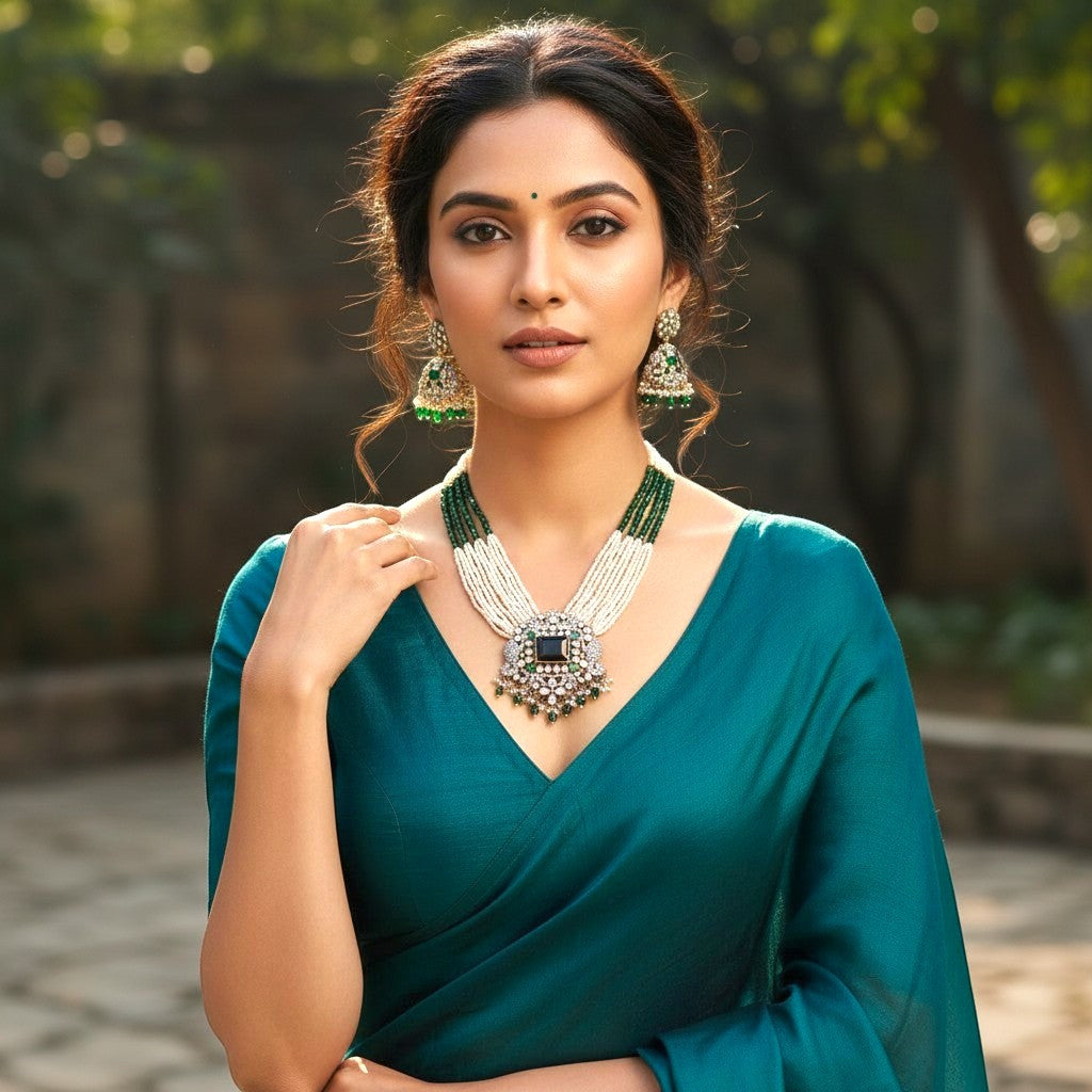 AVIRI statement necklace and earring set with white pearls, emeralds, black onyx, and sparkling stones.