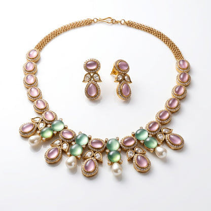 AVIRI traditional necklace and earring set with pink and green cabochon stones, faux pearls, and gold-tone metalwork.