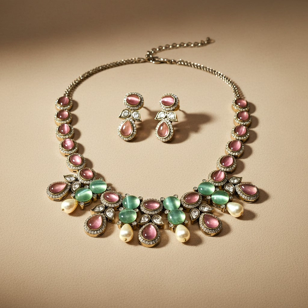 AVIRI traditional necklace and earring set featuring pink and green cabochon stones, faux pearls, and crystal accents.