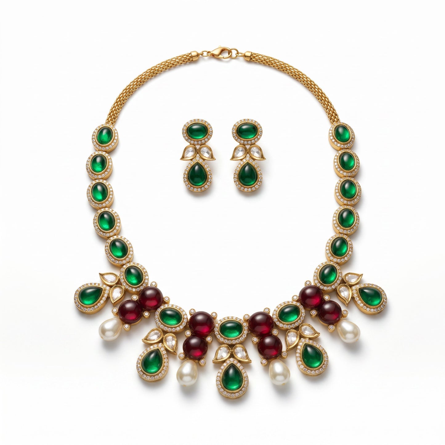 AVIRI traditional necklace and earring set featuring green and red cabochon stones, faux pearls, and gold metalwork.