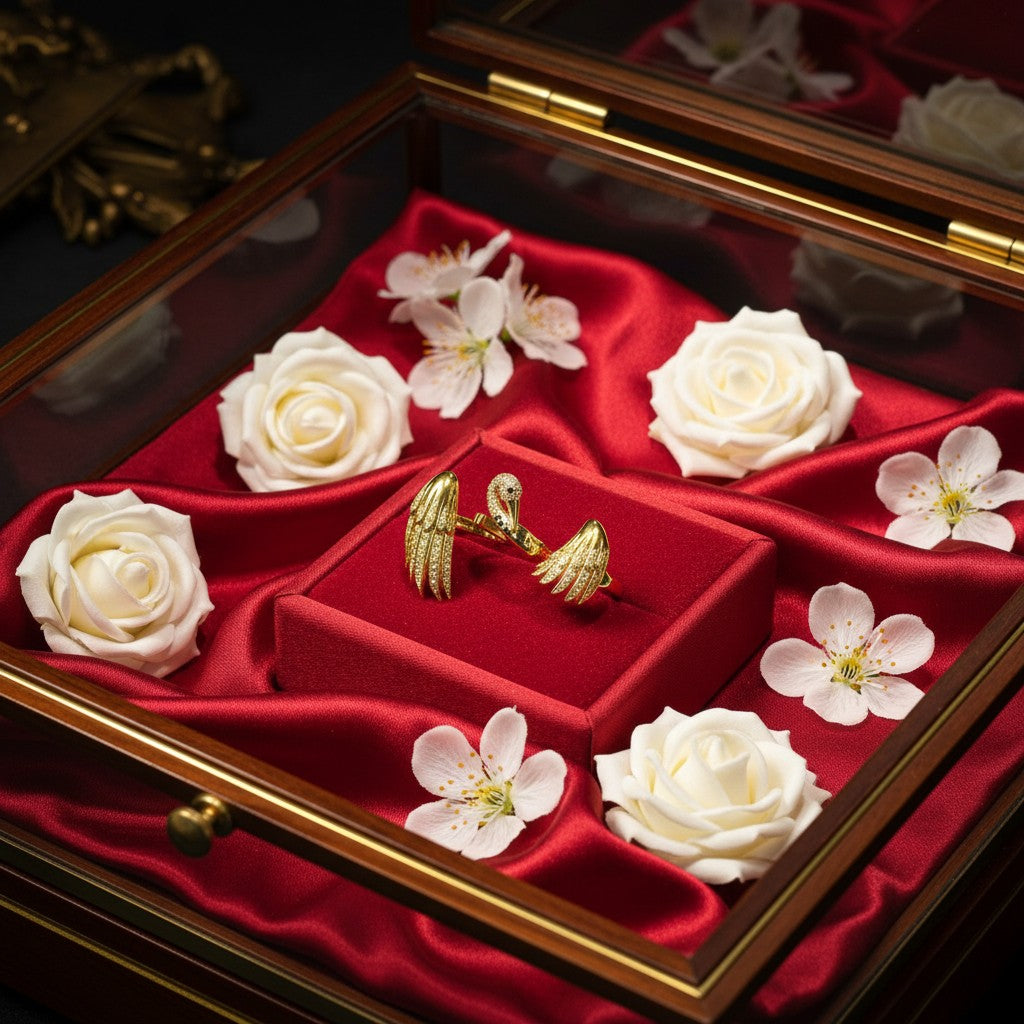 AVIRI gold-tone metal ring set with swan and wings design, adorned with clear crystals.
