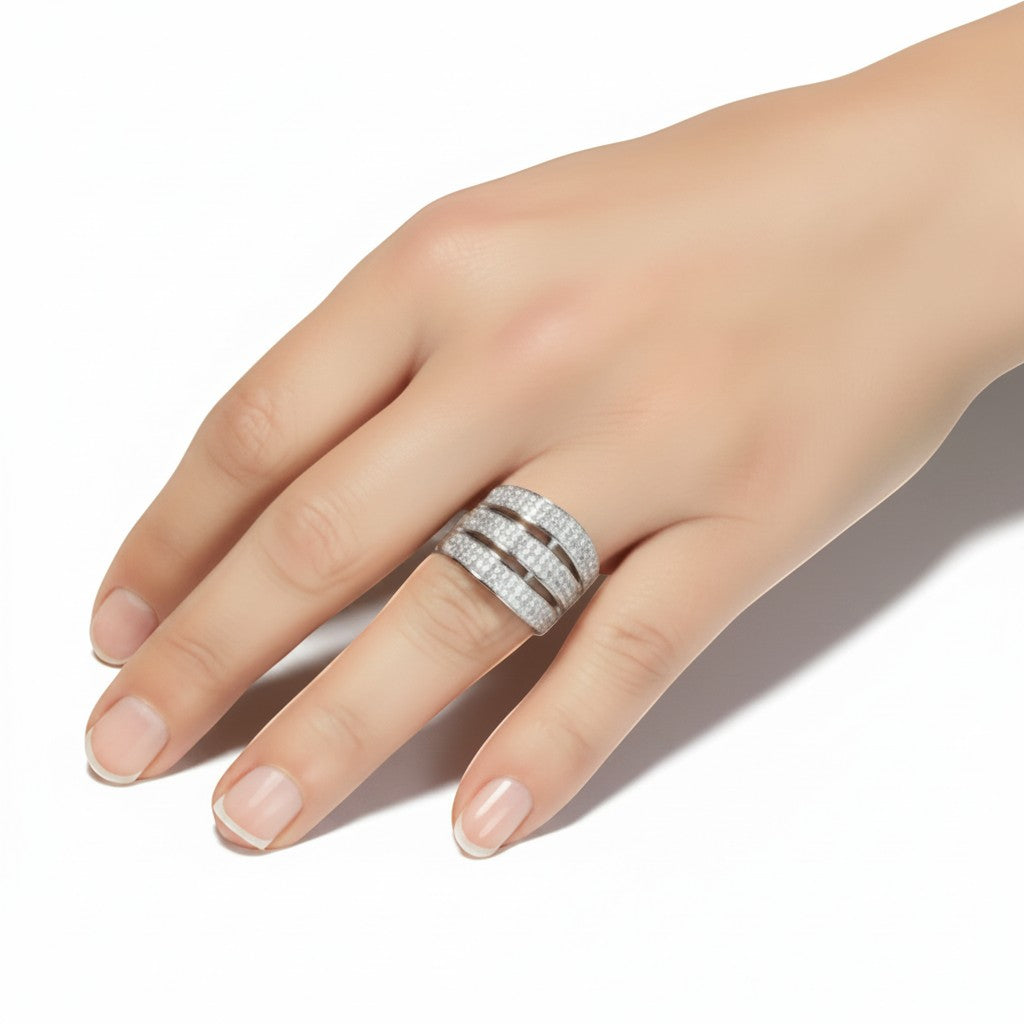 AVIRI three-layer adjustable ring with premium artificial diamonds and silver polish finish.