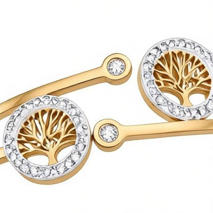 AVIRI Tree of Life hinged bracelet in 18K gold plate with cubic zirconia halo and two-tone finish